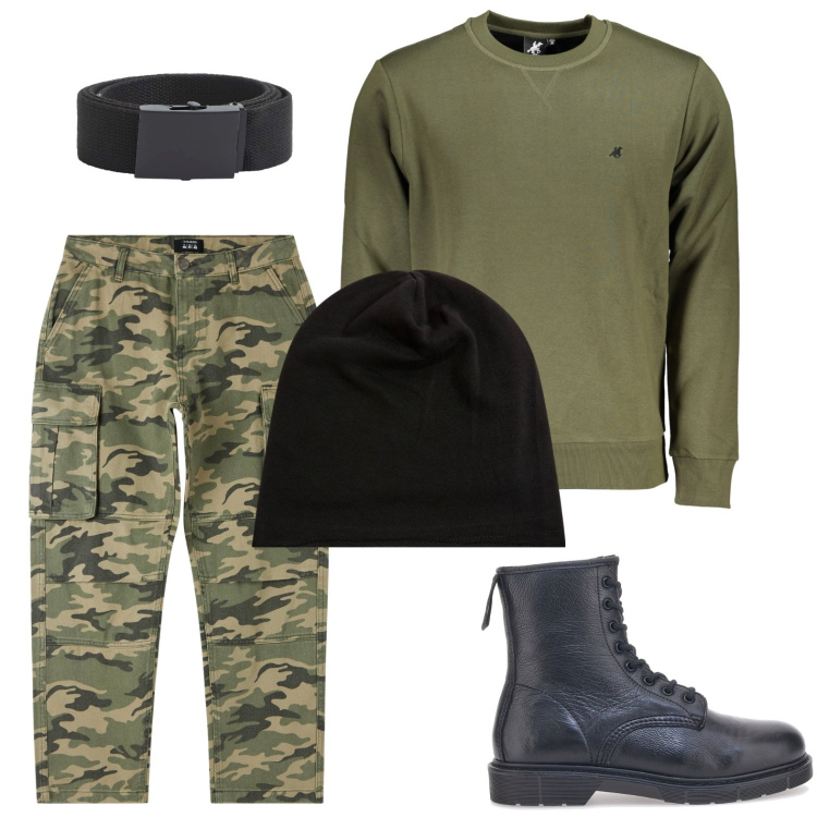 Outfit uomo - Camouflage e anfibi. Stile Trendy per Tutti i giorni. Abbinamento con pantaloni cargo, cinture, berretti, felpe, anfibi.