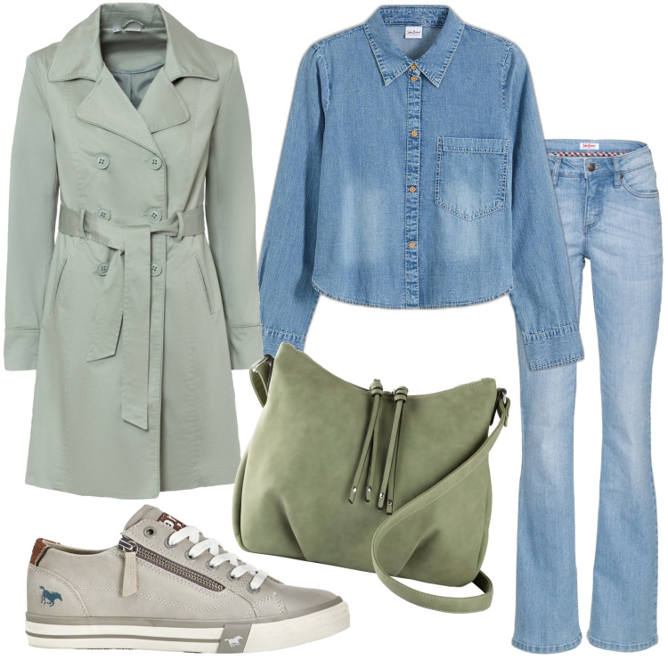 Outfit donna - Tono su tono jeans e verde. Stile Casual per Tutti i giorni. Abbinamento con trench, jeans bootcut, borse a tracolla, sneakers, camicie.