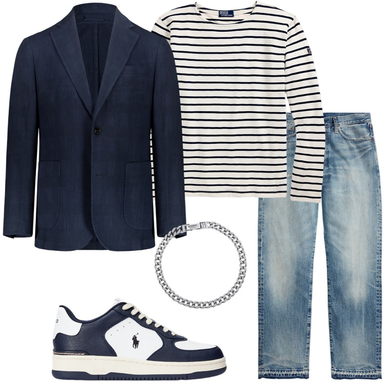 Outfit uomo - Righe orizzontali. Stile Trendy per Tutti i giorni. Abbinamento con braccialetti, jeans dritti, maglieria, sneakers, giacche.