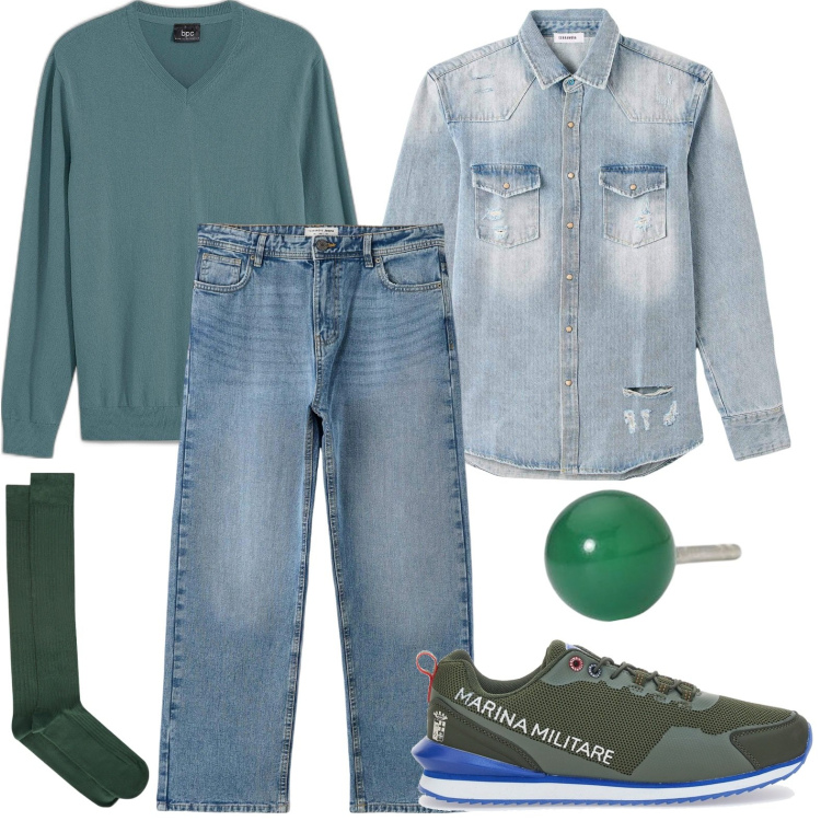 Outfit uomo - Il jeans non tramonta mai. Stile Trendy per Ufficio. Abbinamento con maglieria, jeans, camicie, orecchini, sneakers, calzini.
