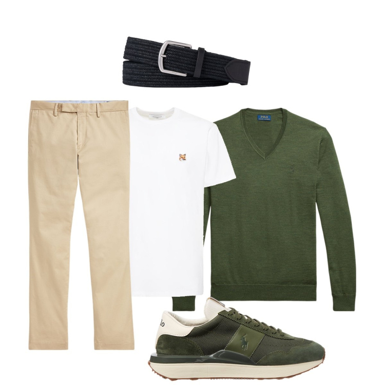 Outfit uomo - Semplice ma trendy. Stile Trendy per Tutti i giorni. Abbinamento con pantaloni chino, sneakers, cinture, maglieria, t-shirt.
