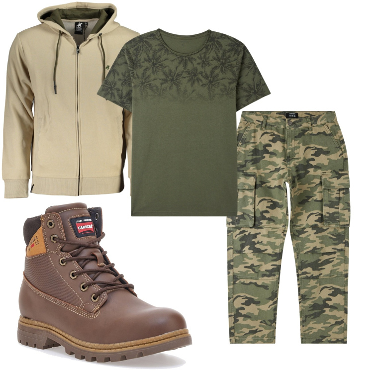 Outfit uomo - Militare casual. Stile Casual per Tutti i giorni. Abbinamento con t-shirt, pantaloni cargo, felpe con cappuccio, stivali e stivaletti.