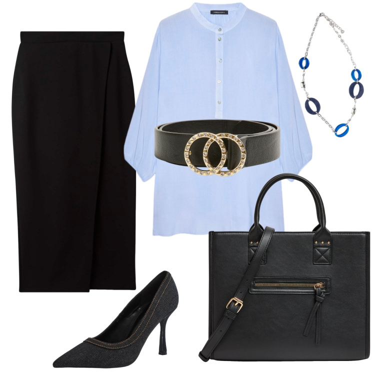 Outfit donna - Gonna longuette in riunione. Stile Bon Ton per Ufficio. Abbinamento con gonne longuette, shopping bag, cinture, décolleté, bluse, ciondoli.