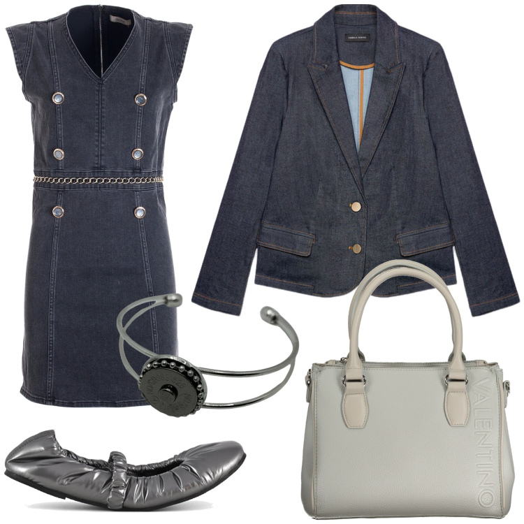 Outfit donna - Rientro casual chic. Stile Casual chic per Ufficio. Abbinamento con vestiti senza maniche, ballerine, blazer, borse a spalla, braccialetti.