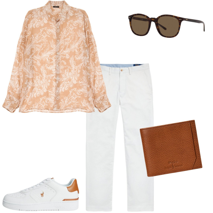 Outfit uomo - A cena sul lungomare. Stile Trendy per Serata speciale. Abbinamento con camicie, sneakers, pantaloni, occhiali da sole, portafogli.