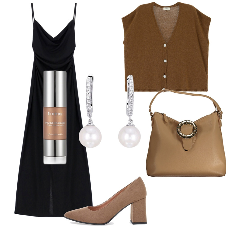Outfit donna - Cena fuori. Stile Casual chic per Serata fuori. Abbinamento con primer, orecchini, vestiti midi/longuette, gilet, décolleté, borse a spalla.
