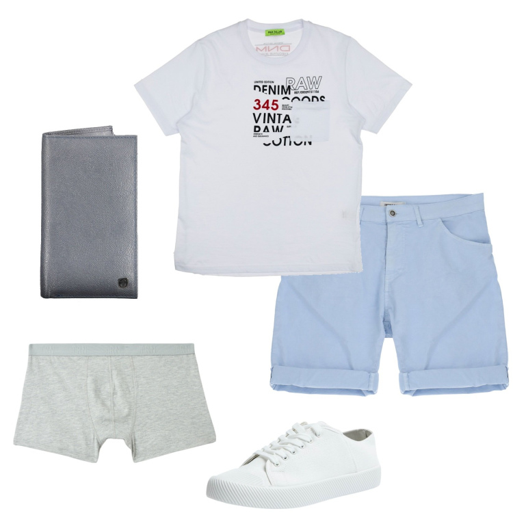 Outfit uomo - Ultimi gg di sole. Stile Casual per Tutti i giorni. Abbinamento con sneakers, boxer, shorts, t-shirt, portafogli.