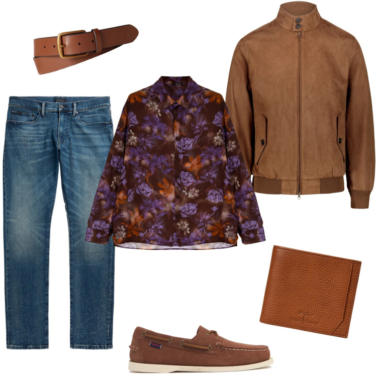 Outfit uomo - Caldi colori autunnali. Stile Trendy per Serata speciale. Abbinamento con camicie, cinture, jeans, portafogli, giacche, scarpe stringate.