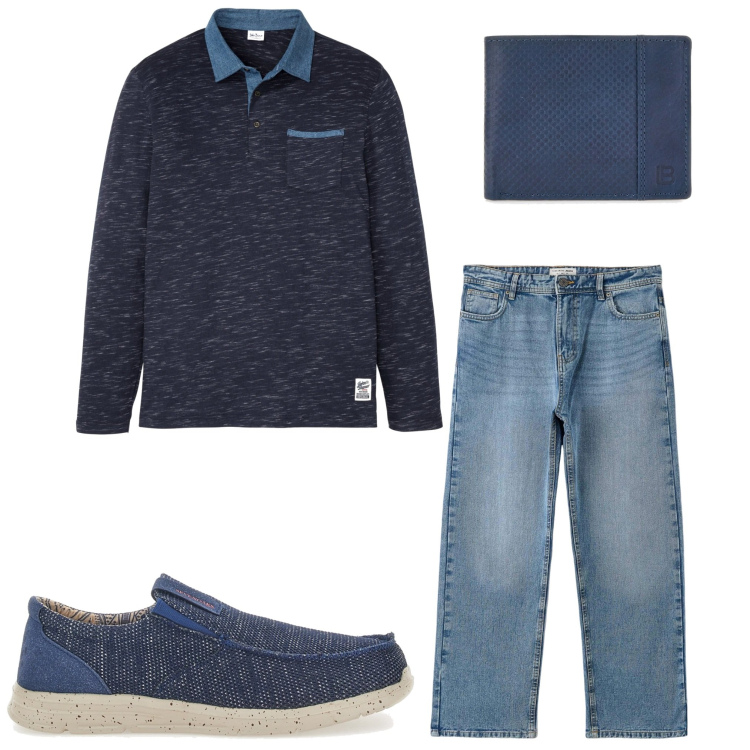 Outfit uomo - In città. Stile Casual per Tutti i giorni. Abbinamento con polo, jeans, portafogli, scarpe stringate.