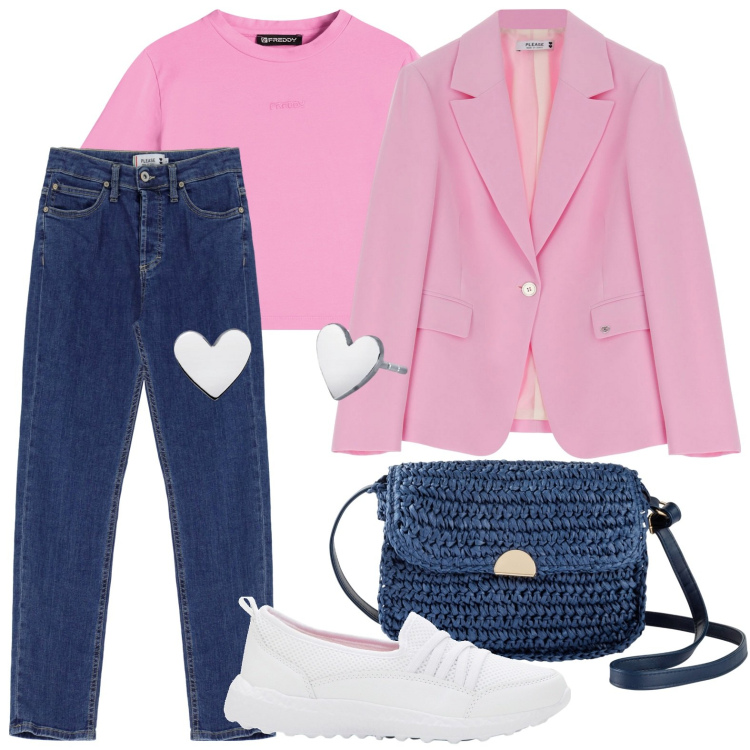 Outfit donna - Sensuale in rosa. Stile Casual chic per Tutti i giorni. Abbinamento con sneakers, borse a tracolla, orecchini, jeans slim fit, blazer, t-shirt.
