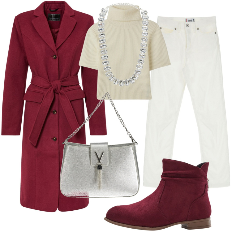 Outfit donna - Il cappotto icona di moda. Stile Casual chic per Ufficio. Abbinamento con cappotti, stivaletti, jeans, maglieria, collane, borse a spalla.