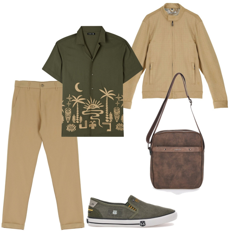 Outfit uomo - Turista in un paese straniero. Stile Casual per Tutti i giorni. Abbinamento con camicie a manica corta, pantaloni, giacche, portafogli, sneakers.