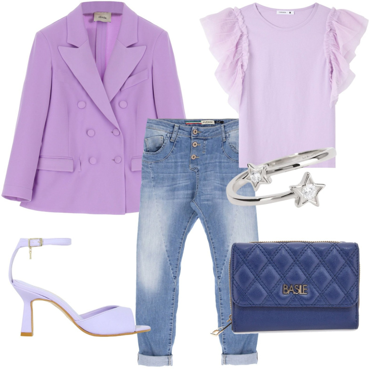 Outfit donna - Total look #1954784. Stile Casual chic per Ufficio. Abbinamento con t-shirt, anelli, jeans slim fit, décolleté, blazer, portafogli.