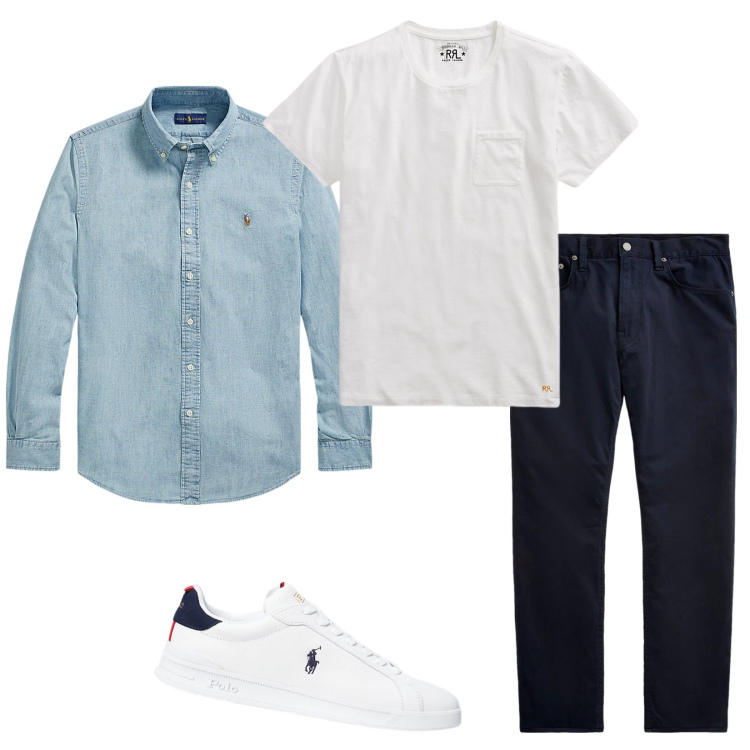 Outfit uomo - Camicia in jeans. Stile Casual per Tutti i giorni. Abbinamento con t-shirt, sneakers, pantaloni, camicie.