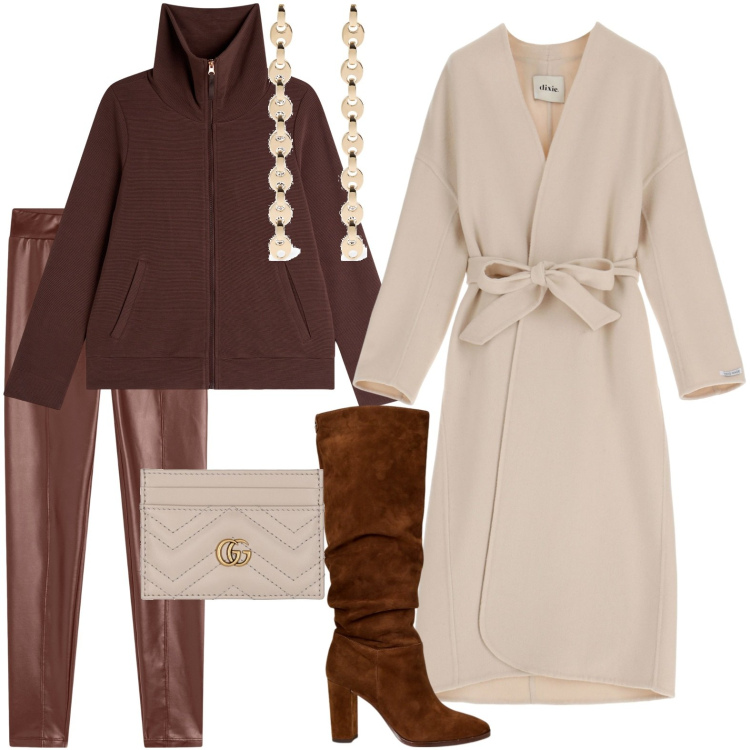 Outfit donna - Gli stivali marrone scamosciati. Stile Chic per Serata fuori. Abbinamento con felpe, treggings, cappotti, stivali, portafogli, orecchini.