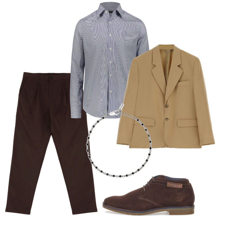 Outfit uomo - Settembre sera. Stile Business/Elegante per Serata speciale. Abbinamento con braccialetti, pantaloni chino, giacche, scarpe stringate, camicie.