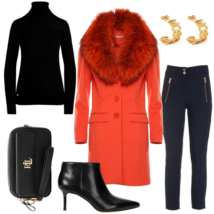 Outfit donna - Il cappotto rosso. Stile Glamour per Serata fuori. Abbinamento con cappotti, leggings, pochette, stivaletti, maglieria, orecchini.