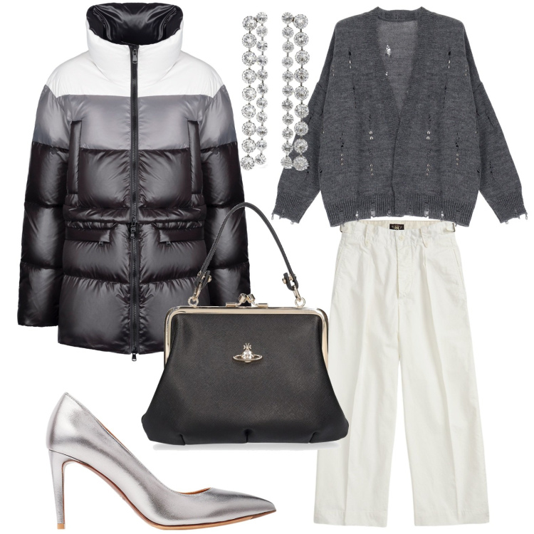 Outfit donna - Total look #1954802. Stile Chic per Serata fuori. Abbinamento con cardigans, pantaloni, décolleté, piumini, borse a mano, orecchini.