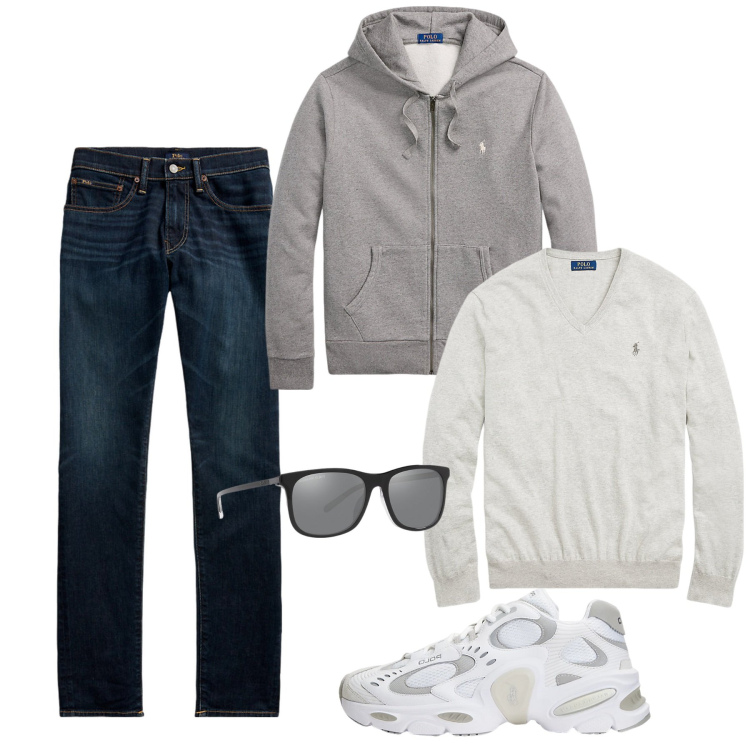 Outfit uomo - Settembre giorno. Stile Urban per Tutti i giorni. Abbinamento con maglieria, jeans skinny, occhiali da sole, felpe con cappuccio, sneakers.