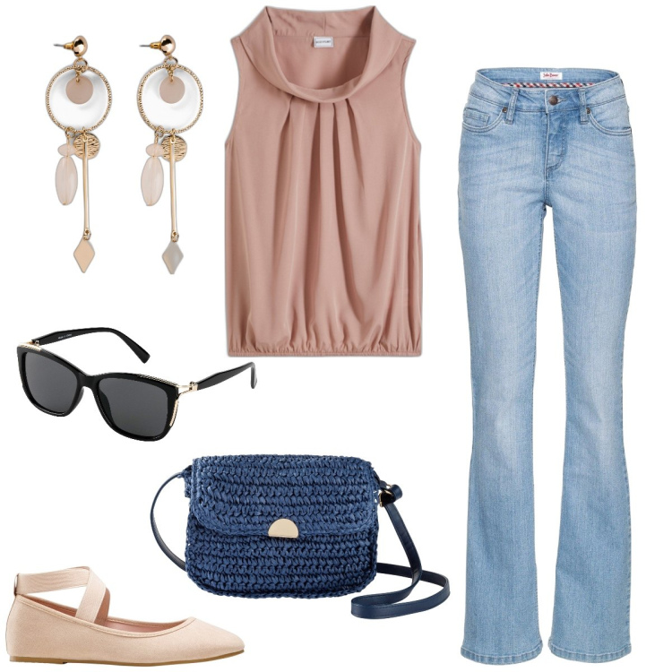 Outfit donna - Total look #1954810. Stile Casual per Tutti i giorni. Abbinamento con jeans bootcut, top, orecchini, occhiali da sole, ballerine, borse a tracolla.