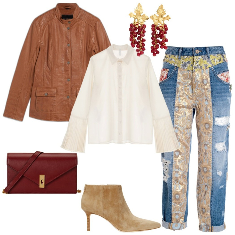 Outfit donna - Il denim prezioso. Stile Boho per Tutti i giorni. Abbinamento con blazer, camicie, jeans boyfriend, stivaletti, clutch, orecchini.