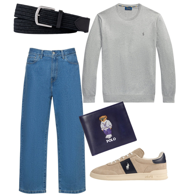 Outfit uomo - I jeans azzurri. Stile Trendy per Tutti i giorni. Abbinamento con maglieria, cinture, sneakers, portafogli, pantaloni.