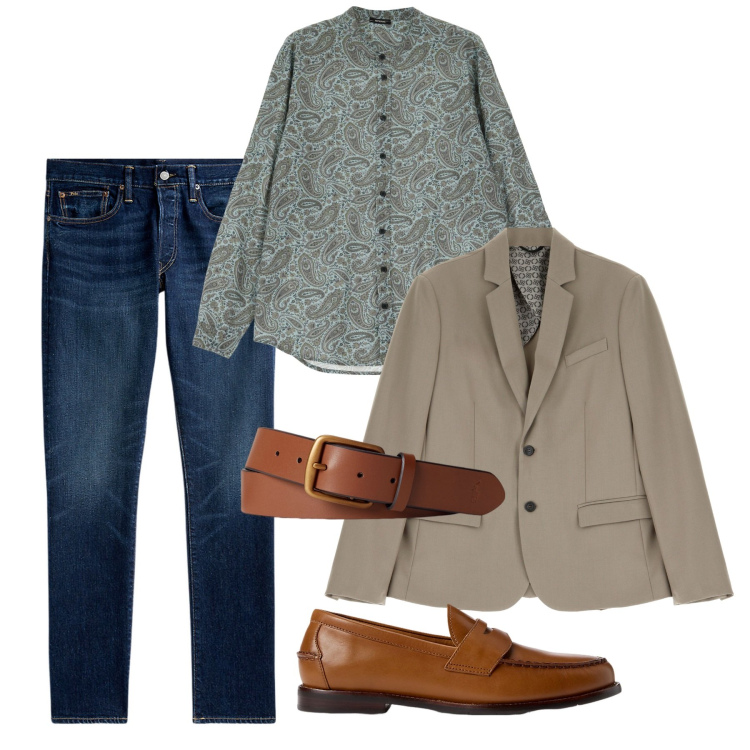 Outfit uomo - Coreana e giacca. Stile Trendy per Tutti i giorni. Abbinamento con giacche, camicie, scarpe stringate, cinture, jeans.