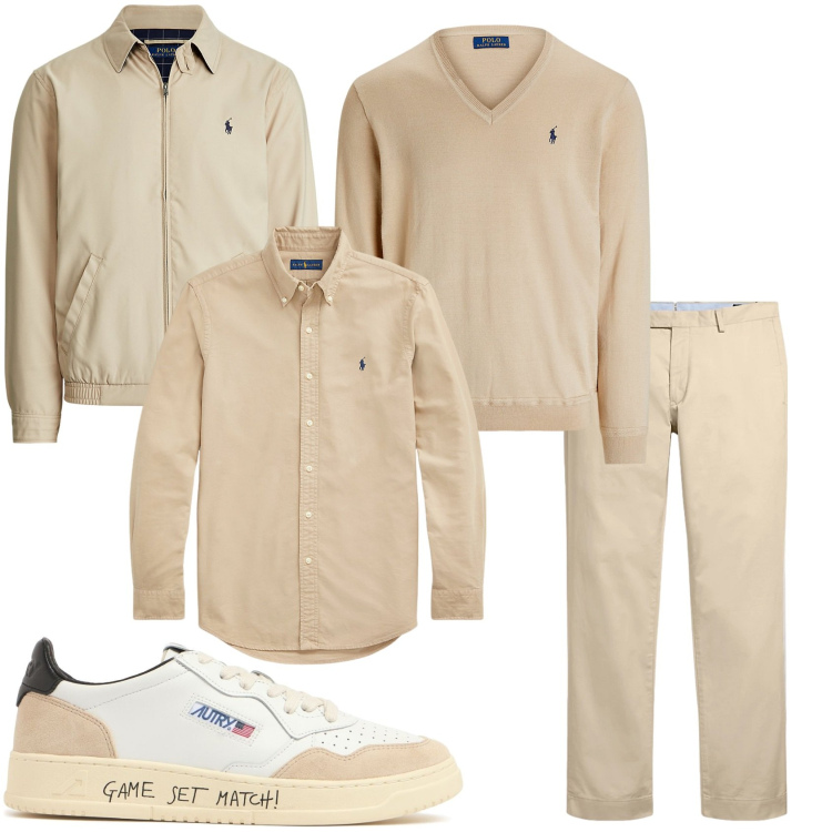 Outfit uomo - In totale beige. Stile Trendy per Tutti i giorni. Abbinamento con pantaloni chino, giacche, camicie, maglieria, sneakers.