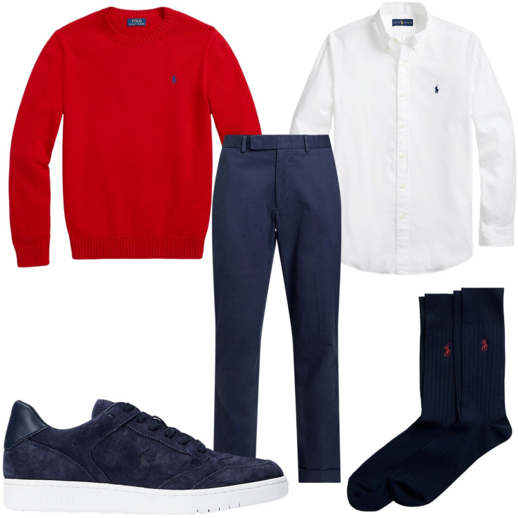 Outfit uomo - Invitato a pranzo. Stile Business/Elegante per Tutti i giorni. Abbinamento con calzini, pantaloni chino, camicie, maglieria, sneakers.