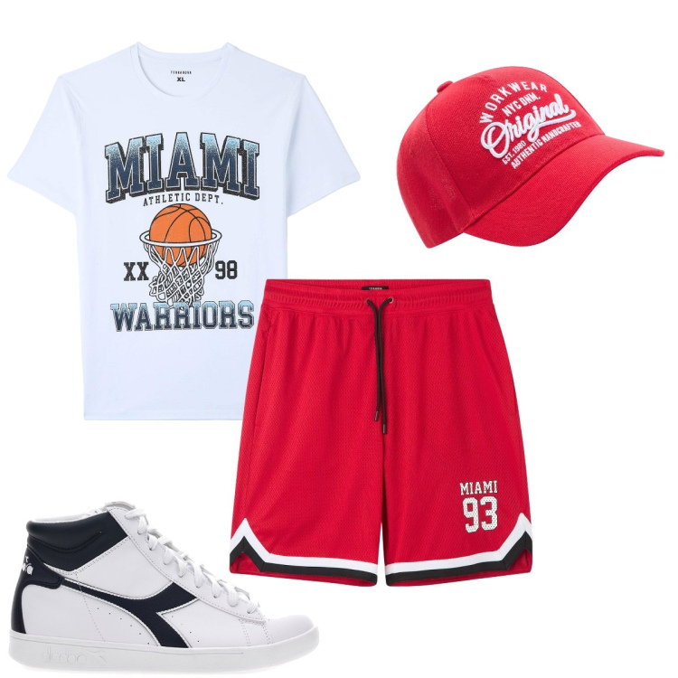Outfit uomo - Partita a basket. Stile Urban per Sport. Abbinamento con cappelli, bermuda, t-shirt, sneakers.