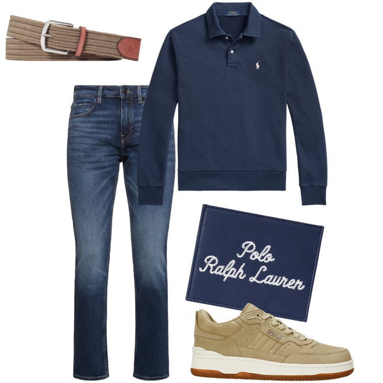Outfit uomo - Il portafoglio decorato col logo. Stile Urban per Ufficio. Abbinamento con cinture, sneakers, felpe, portafogli, jeans.
