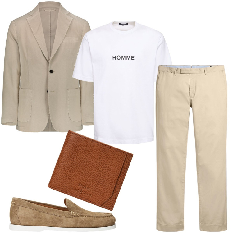 Outfit uomo - Cerimonia ad inizio settembre. Stile Business/Elegante per Cerimonia. Abbinamento con pantaloni chino, portafogli, scarpe stringate, giacche, t-shirt.