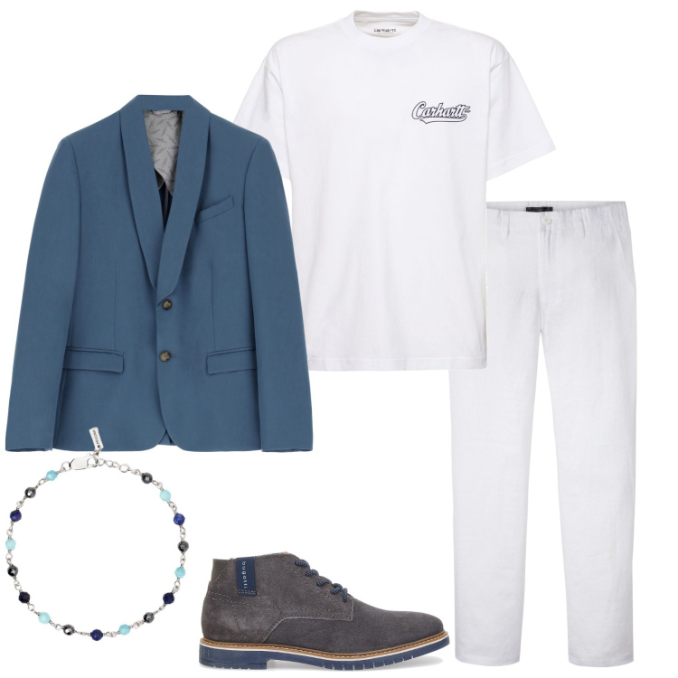 Outfit uomo - Moda giovane. Stile Trendy per Serata speciale. Abbinamento con pantaloni, braccialetti, giacche, scarpe stringate, t-shirt.