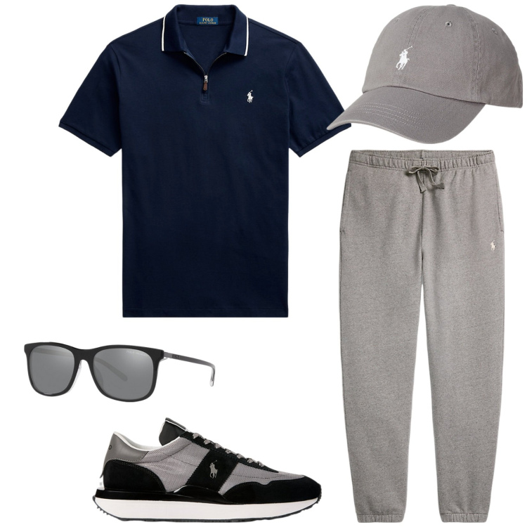 Outfit uomo - Grigio e blu. Stile Casual per Sport. Abbinamento con cappelli, pantaloni, polo, sneakers, occhiali da sole.