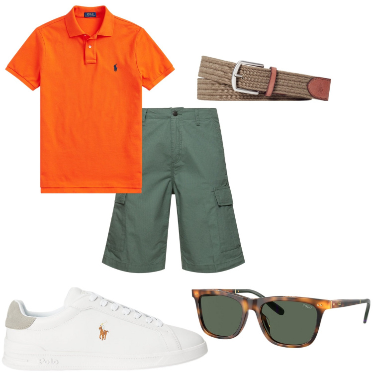 Outfit uomo - Continua l\'estate. Stile Casual per Tutti i giorni. Abbinamento con cinture, polo, occhiali da sole, sneakers, shorts.