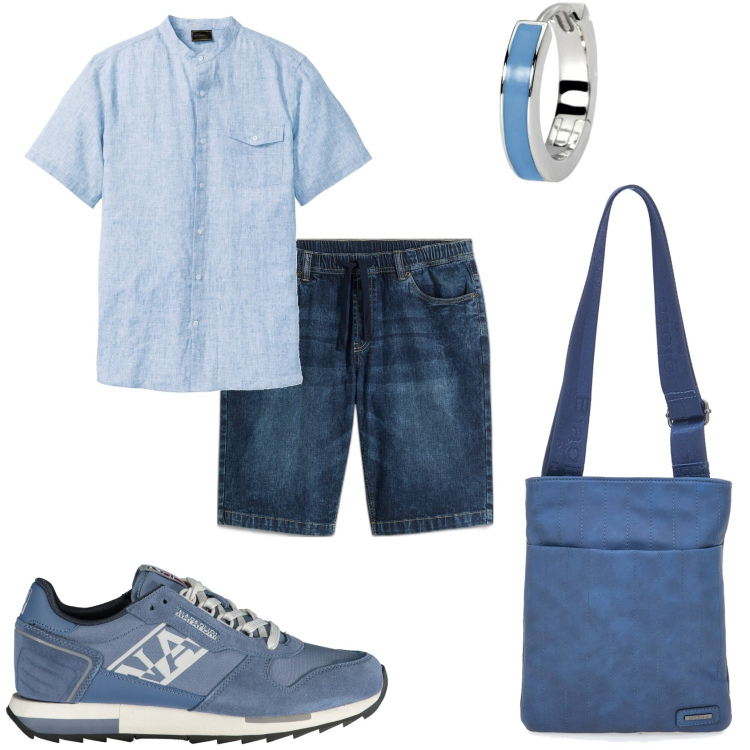 Outfit uomo - Estate in bermuda con orecchino. Stile Trendy per Tutti i giorni. Abbinamento con bermuda, camicie a manica corta, orecchini, sneakers, portafogli.