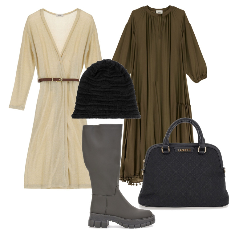 Outfit donna - Pioggia. Stile Chic per Tutti i giorni. Abbinamento con berretti, vestiti lunghi, trench, borse a spalla, stivali.