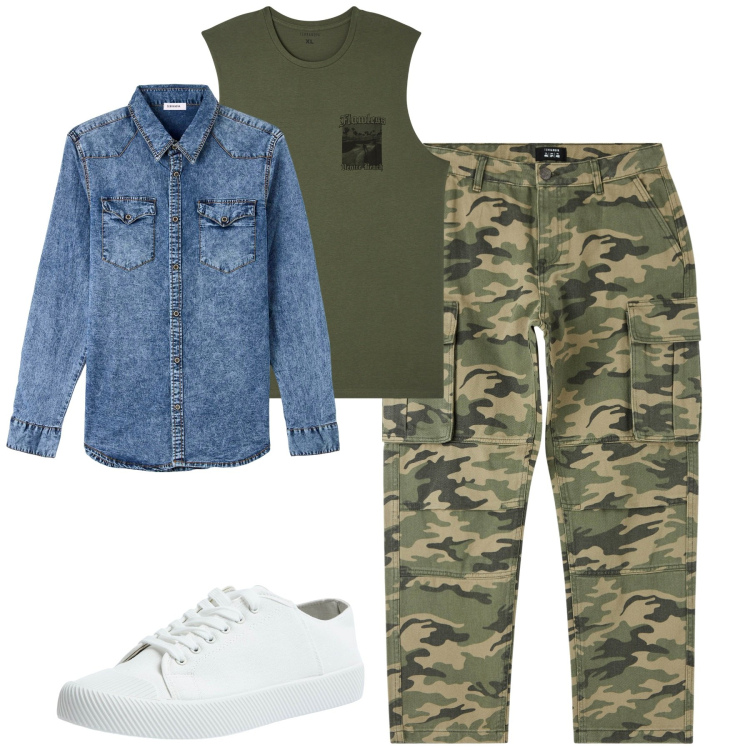 Outfit uomo - Military. Stile Casual per Tutti i giorni. Abbinamento con pantaloni cargo, canottiere, camicie, sneakers.