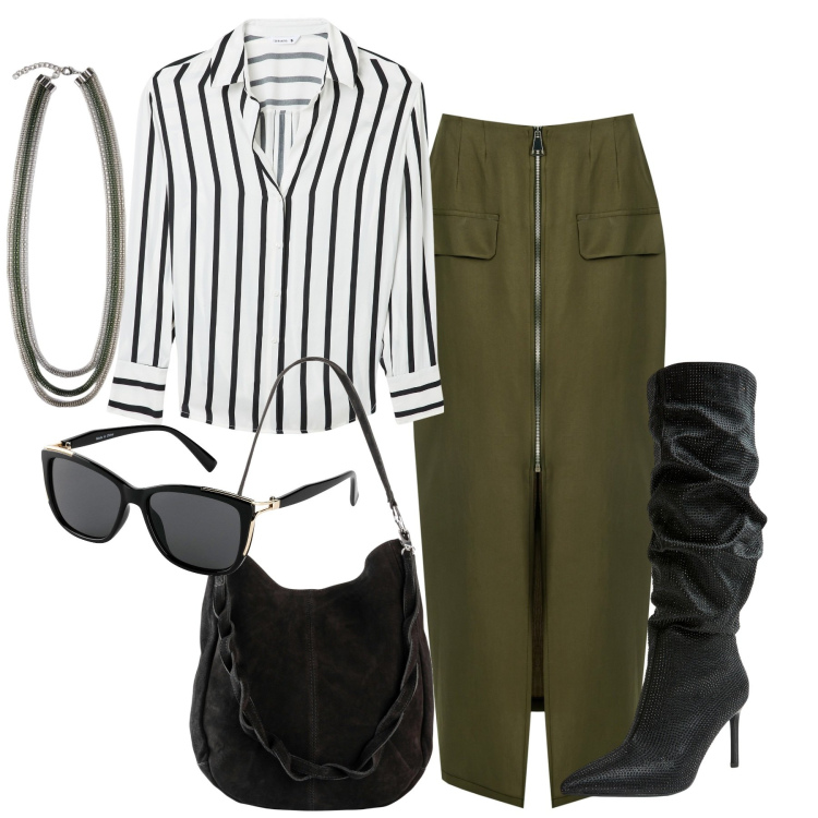 Outfit donna - Meteopolitan. Stile Trendy per Tutti i giorni. Abbinamento con occhiali da sole, borse a mano, stivali, camicie, gonne longuette, collane.