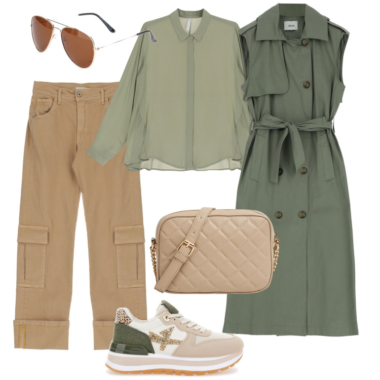 Outfit donna - Lo spolverino smanicato. Stile Casual per Tutti i giorni. Abbinamento con borse a tracolla, pantaloni cargo, camicie, trench, sneakers, occhiali da sole.