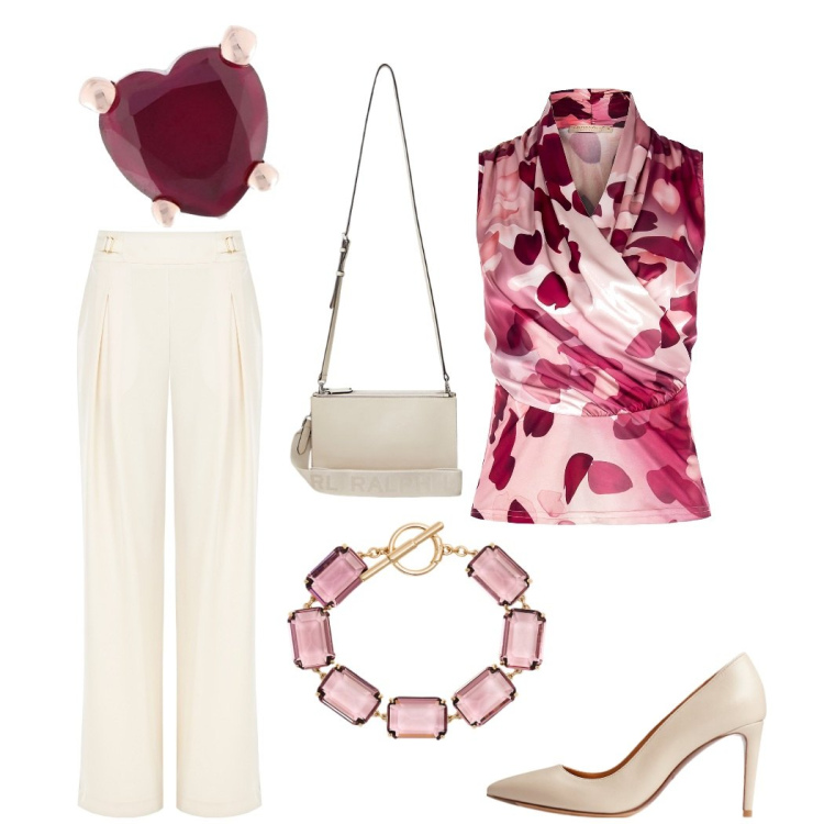 Outfit donna - Pantalone bianco. Stile Chic per Serata fuori. Abbinamento con pantaloni a palazzo, top, décolleté, borse a tracolla, braccialetti, orecchini.