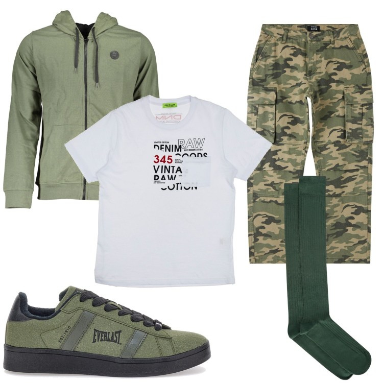 Outfit uomo - Stile militare in verde. Stile Trendy per Tutti i giorni. Abbinamento con pantaloni cargo, t-shirt, felpe con cappuccio, sneakers, calzini.
