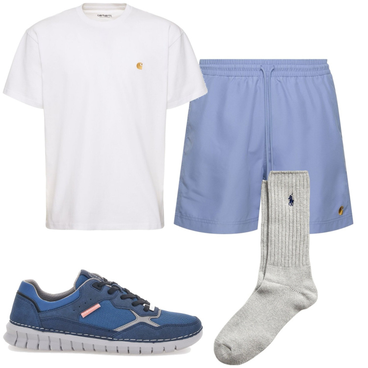 Outfit uomo - Pomeriggio in libertà. Stile Casual per Tutti i giorni. Abbinamento con calzini, sneakers, t-shirt, shorts.