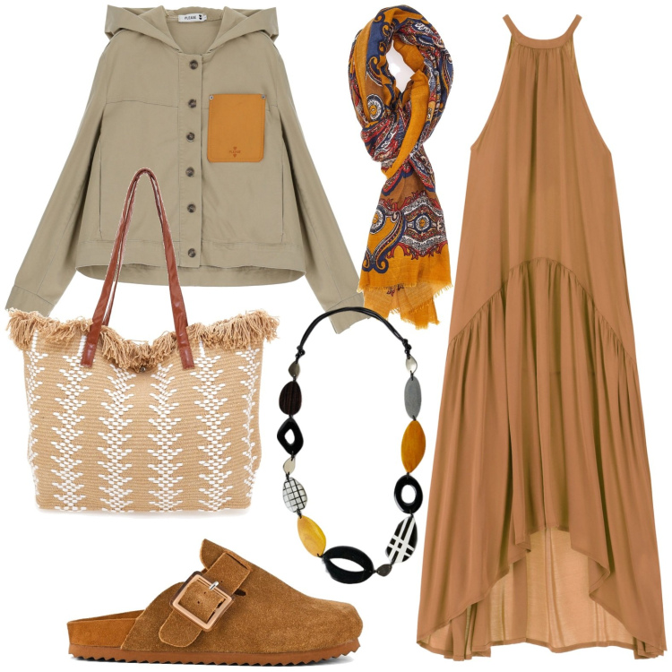 Outfit donna - Total look #1954987. Stile Boho per Tutti i giorni. Abbinamento con blazer, vestiti lunghi, sabot, borse a spalla, collane, sciarpe.