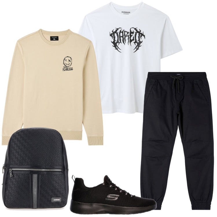 Outfit uomo - Studente. Stile Casual per Tutti i giorni. Abbinamento con pantaloni, felpe, t-shirt, borse sportive, sneakers.