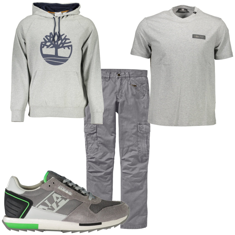 Outfit uomo - La domenica in grigio. Stile Casual per Tutti i giorni. Abbinamento con pantaloni cargo, felpe con cappuccio, t-shirt, sneakers.