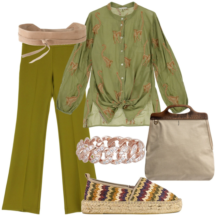 Outfit donna - Total look #1954994. Stile Boho per Tutti i giorni. Abbinamento con cinture, anelli, pantaloni, camicie, borse a tracolla, espadrillas.