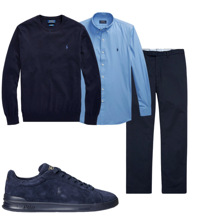 Outfit uomo - Ufficio blu. Stile Trendy per Ufficio. Abbinamento con maglieria, pantaloni chino, camicie, sneakers.