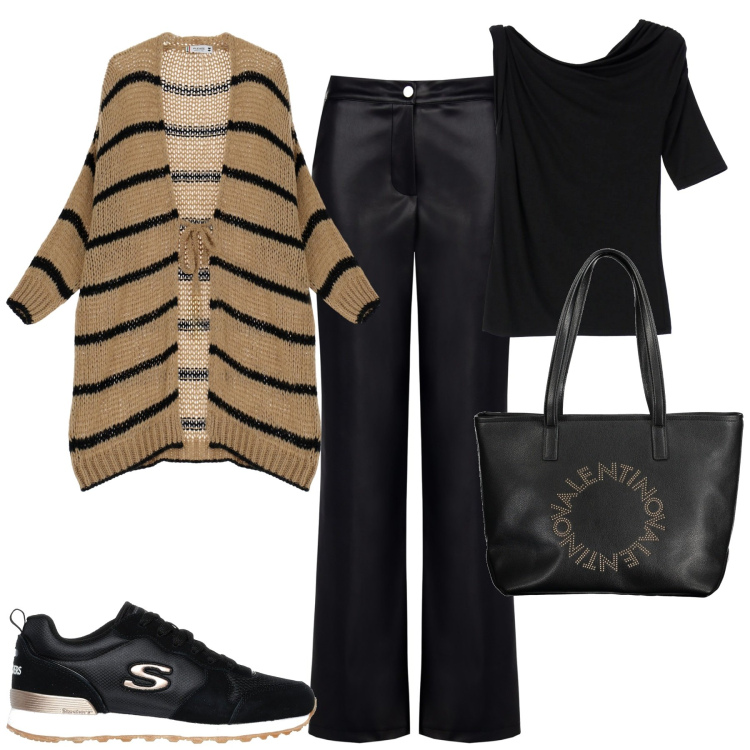 Outfit donna - City. Stile Urban per Tutti i giorni. Abbinamento con pantaloni, cardigans, top, sneakers, borse a spalla.