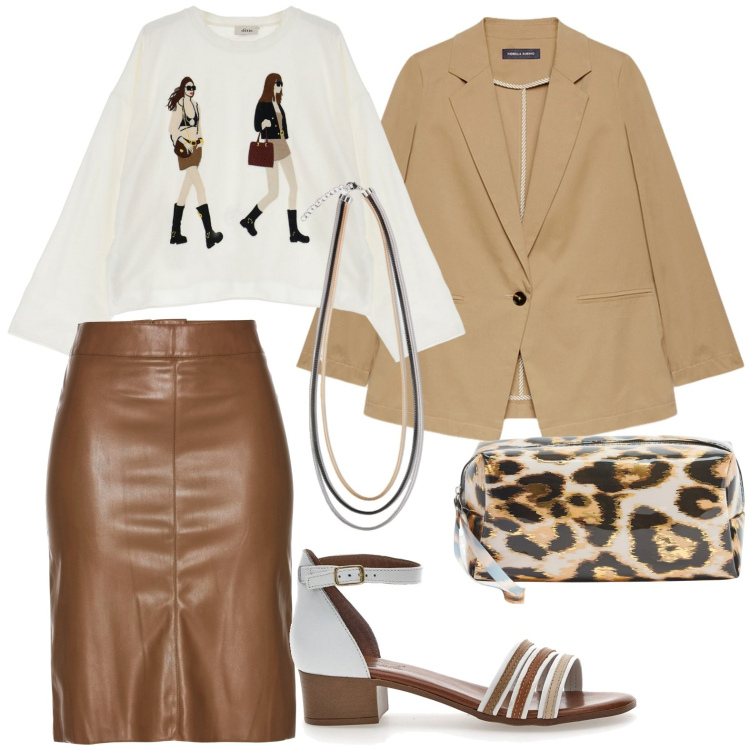 Outfit donna - Total look #1955002. Stile Boho per Tutti i giorni. Abbinamento con gonne longuette, valigie, felpe, sandali col tacco, blazer, collane.